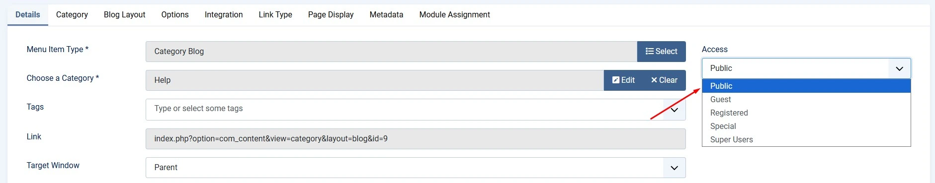 Access level dropdown on a Joomla 6 menu item, set to Registered