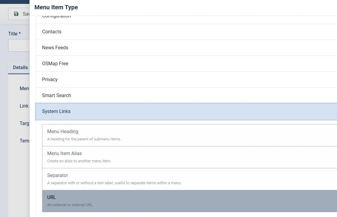 Selecting Menu Item Alias under System Links in the Joomla 6 menu item type picker