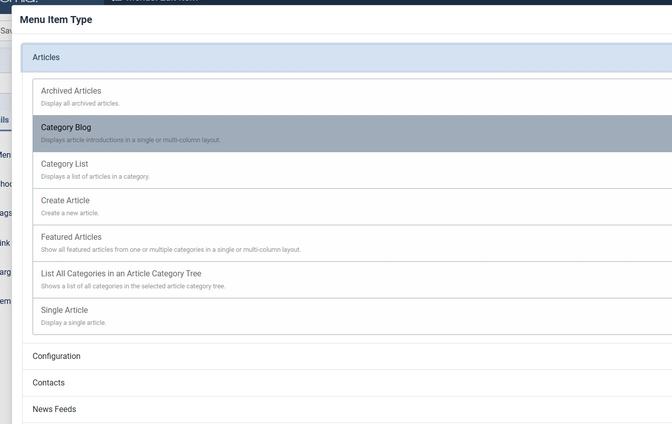 Joomla 6 New Menu Item screen with Menu Item Type selection modal open