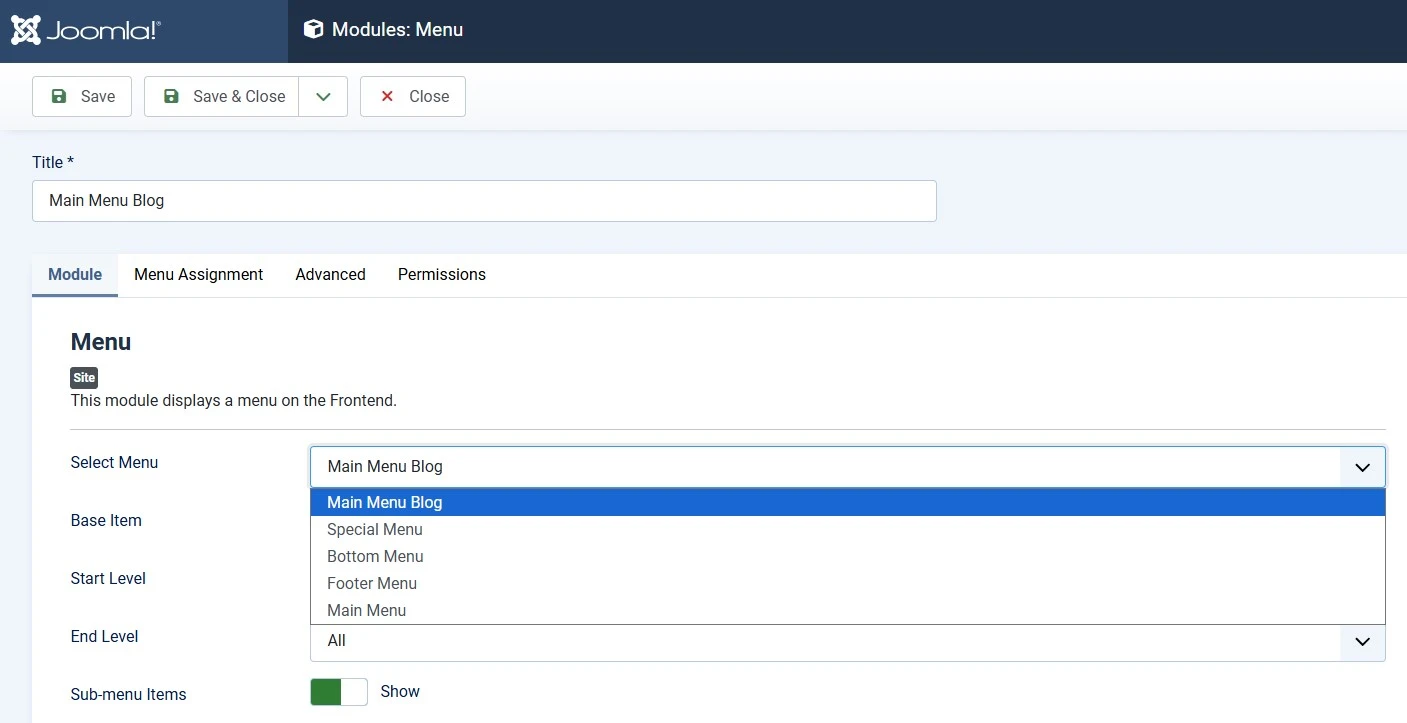 Joomla 6 Menu module edit screen showing Menu Selection and Position fields