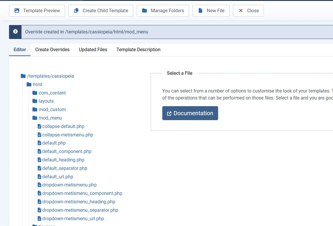 Creating a mod_menu template override from the Joomla 6 template manager