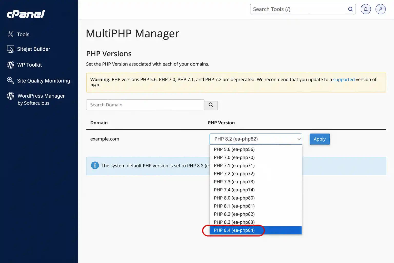 cPanel PHP version selector showing PHP 8.4 selected