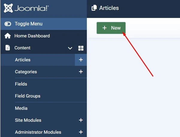 Joomla 6 admin menu showing Content, Articles, and the New article button