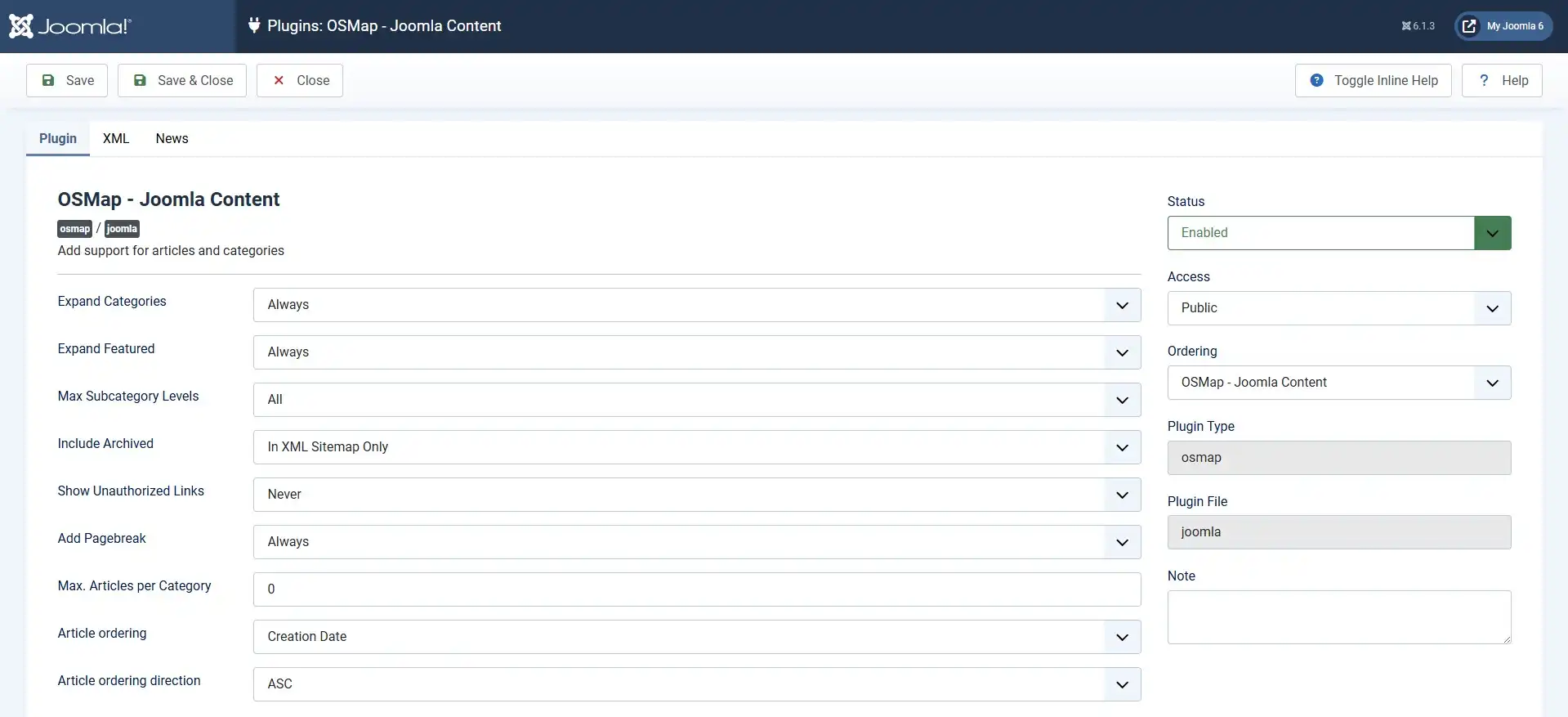 OSMap Default Sitemap menu tree with menu items selected for inclusion
