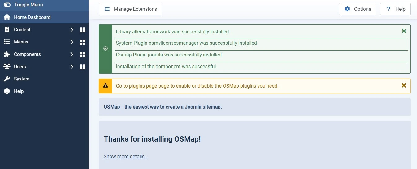 Joomla Extensions Install screen with OSMap package