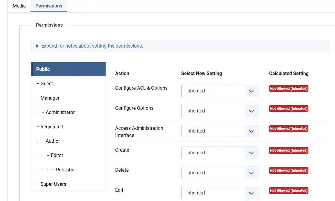 Joomla 6 Media permissions tab restricting Author group to upload-only access