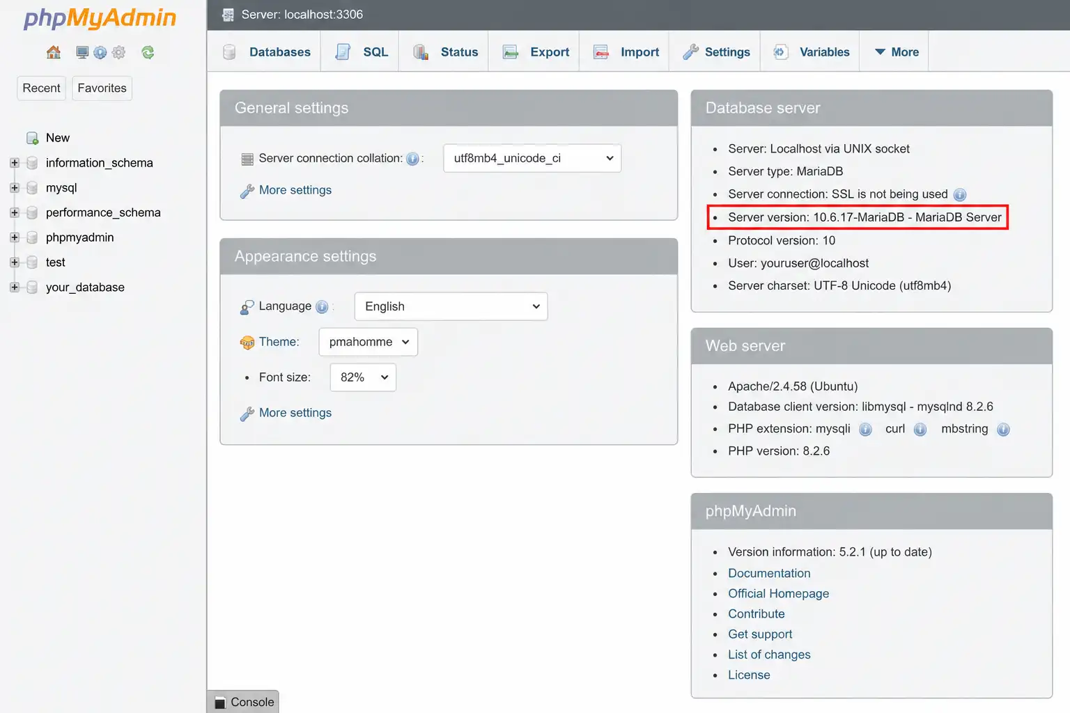 phpMyAdmin showing the current MySQL server version for a Joomla hosting account