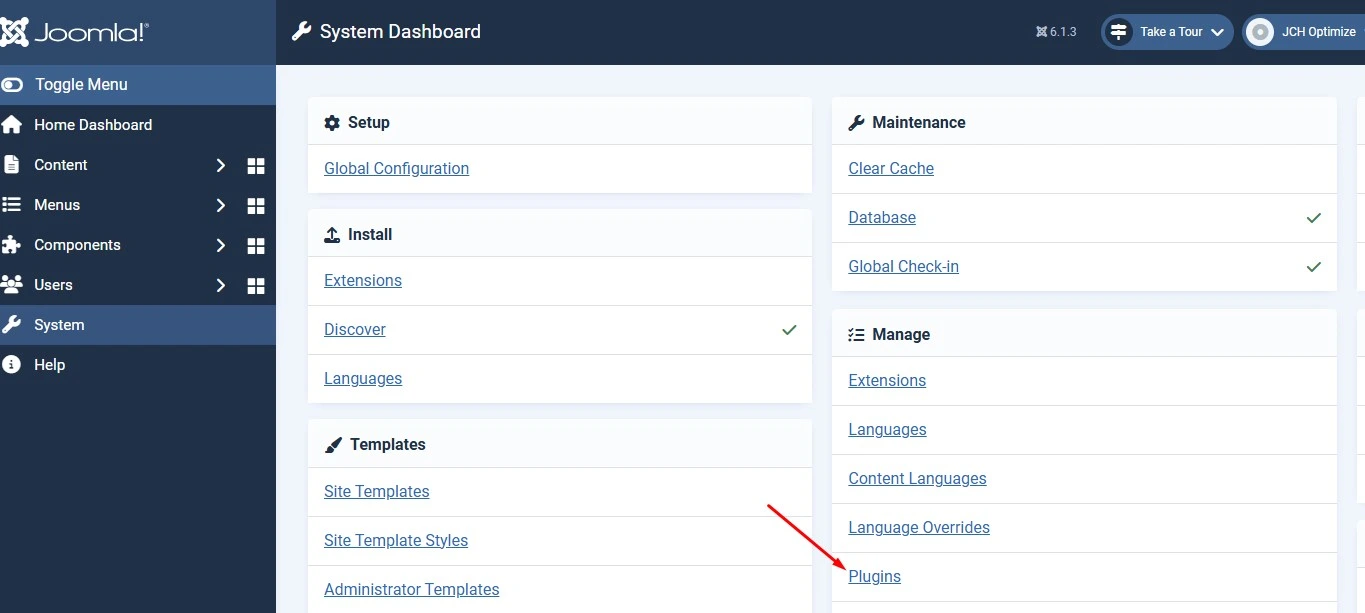 Joomla 6 System menu showing the Plugins link under Manage
