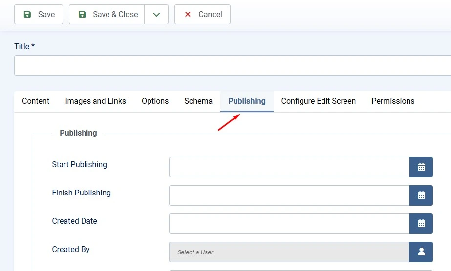 Joomla 6 article edit screen with the Publishing tab selected