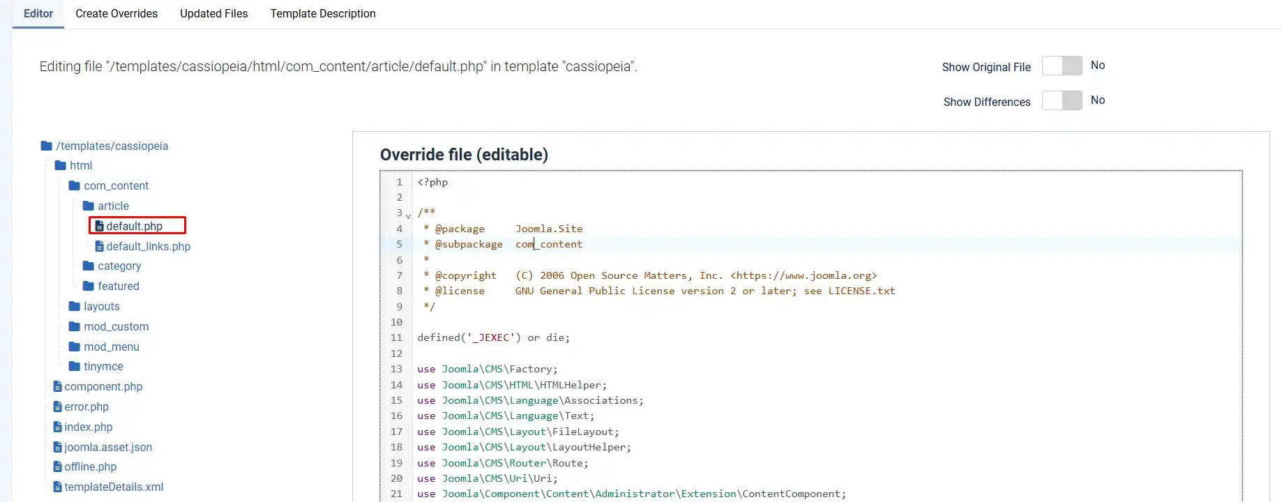 Joomla template Editor tab showing com_content article default.php override open for editing
