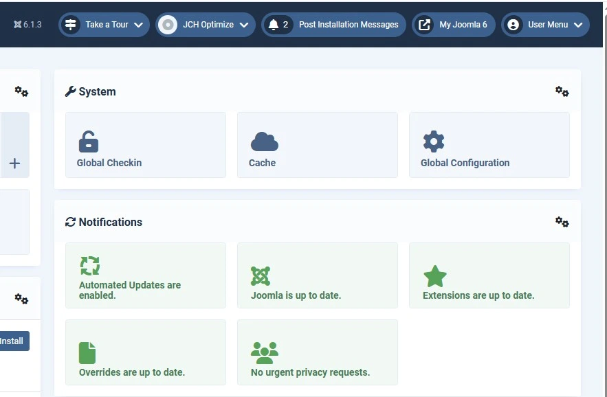 Joomla 6 administrator Control Panel dashboard overview