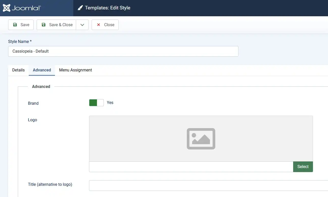 Joomla 6 Site Template Styles page showing the Logo upload field under Cassiopeia Template Options