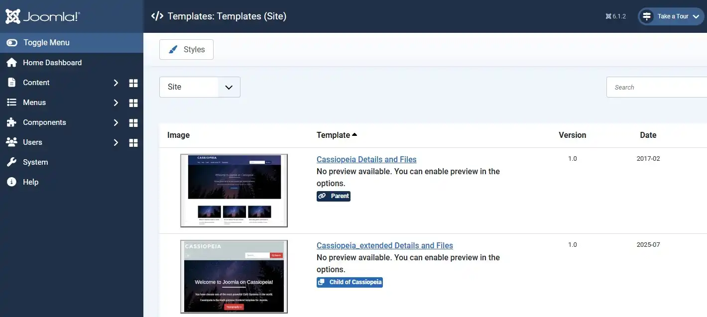 Joomla 6 admin menu path System, Site Templates, Templates with Cassiopeia template listed
