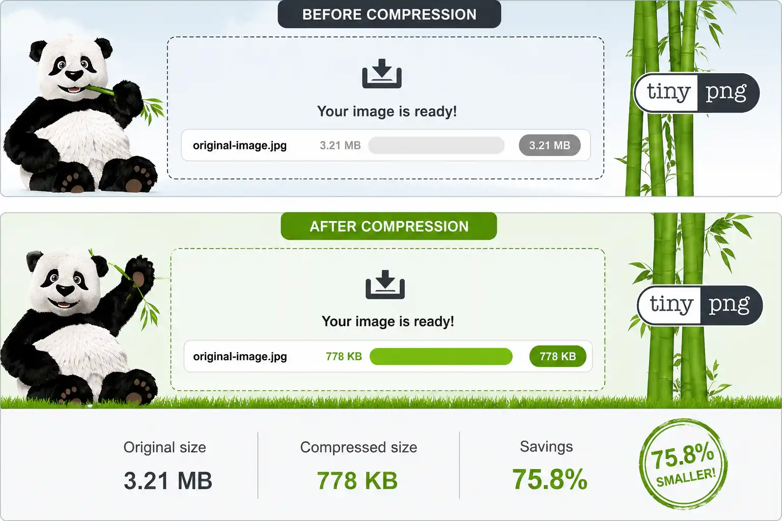 TinyPNG compression tool showing file size reduced before and after optimizing a Joomla image