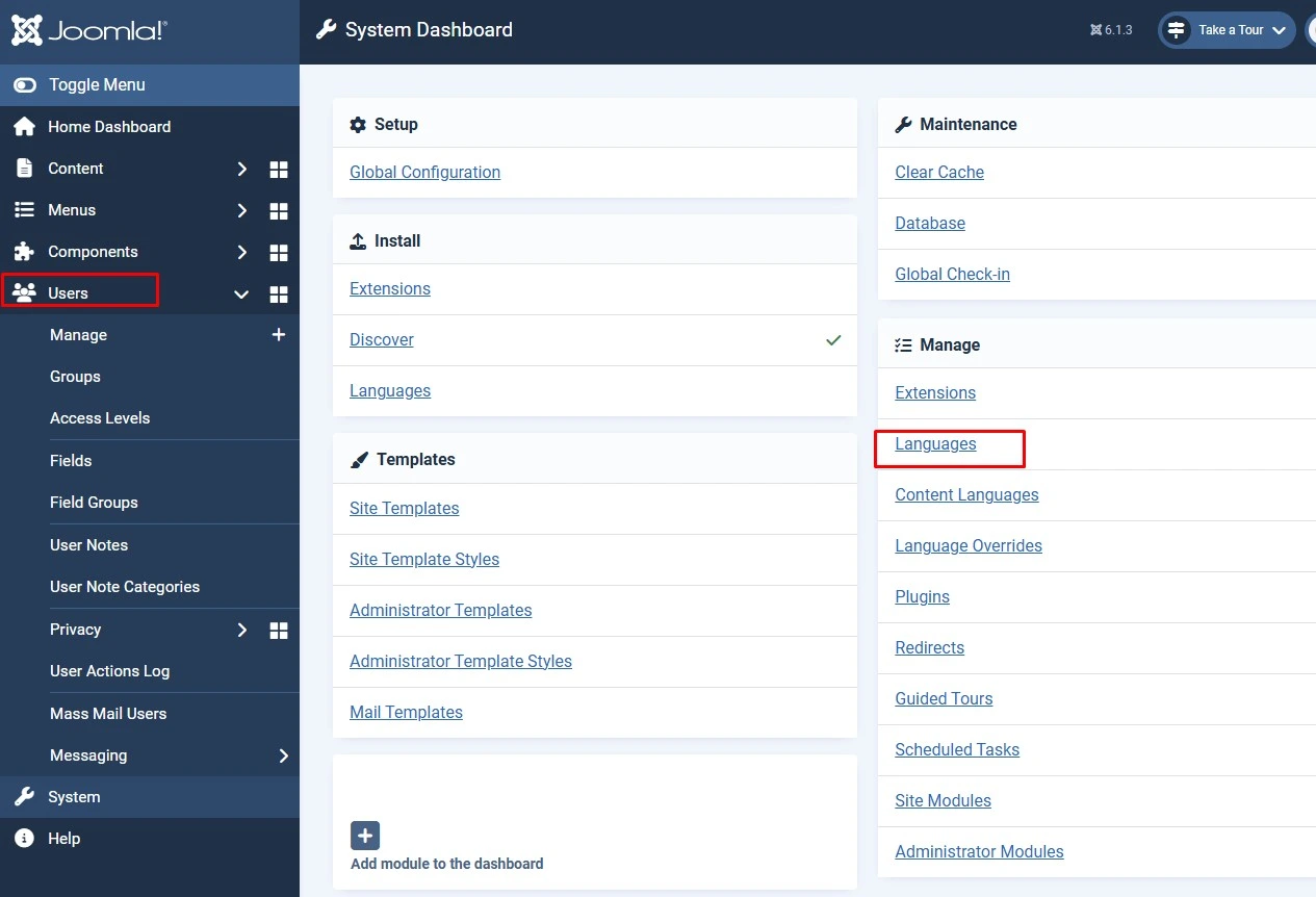 Joomla administrator System panel showing the Languages section in the sidebar menu