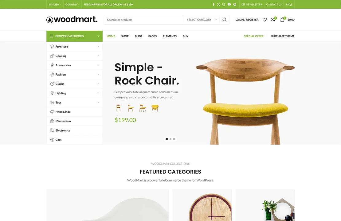 WoodMart WooCommerce theme homepage demo showing header and product grid layout