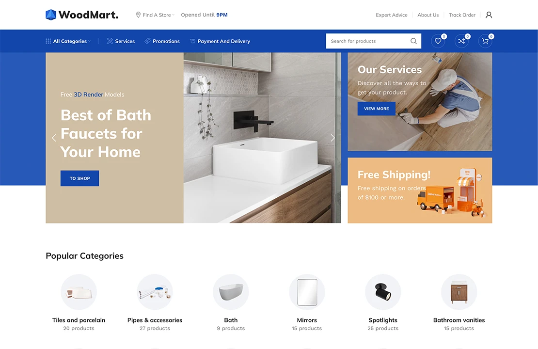 WoodMart mobile store view with sticky bottom navigation bar