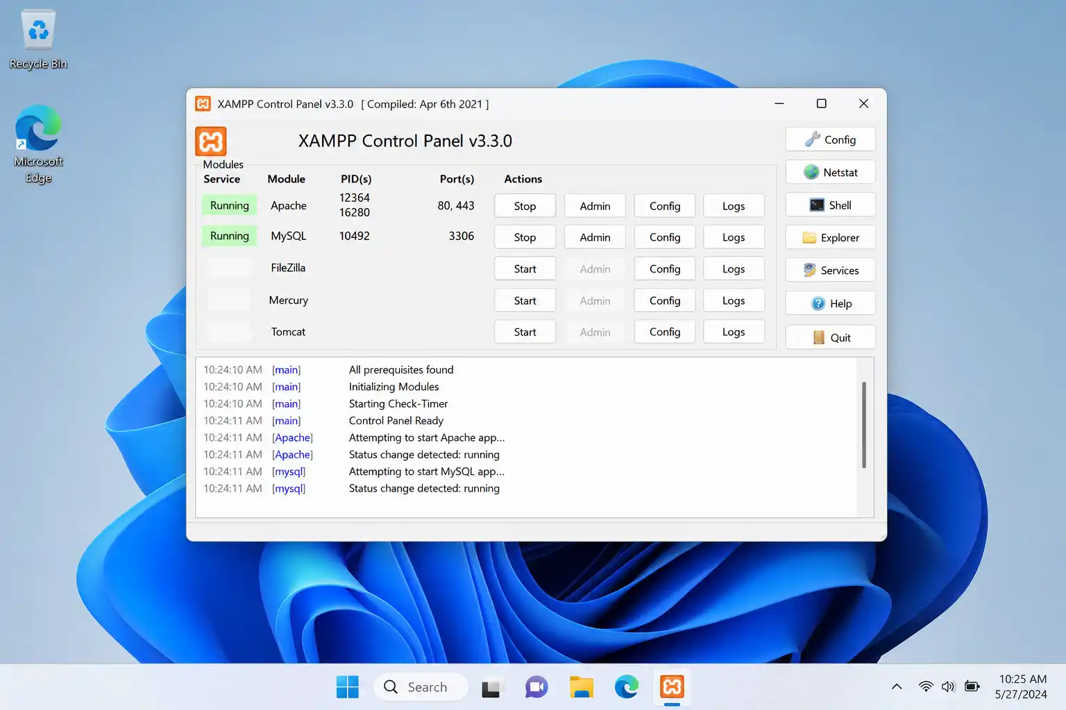 XAMPP Control Panel on Windows showing Apache and MySQL running