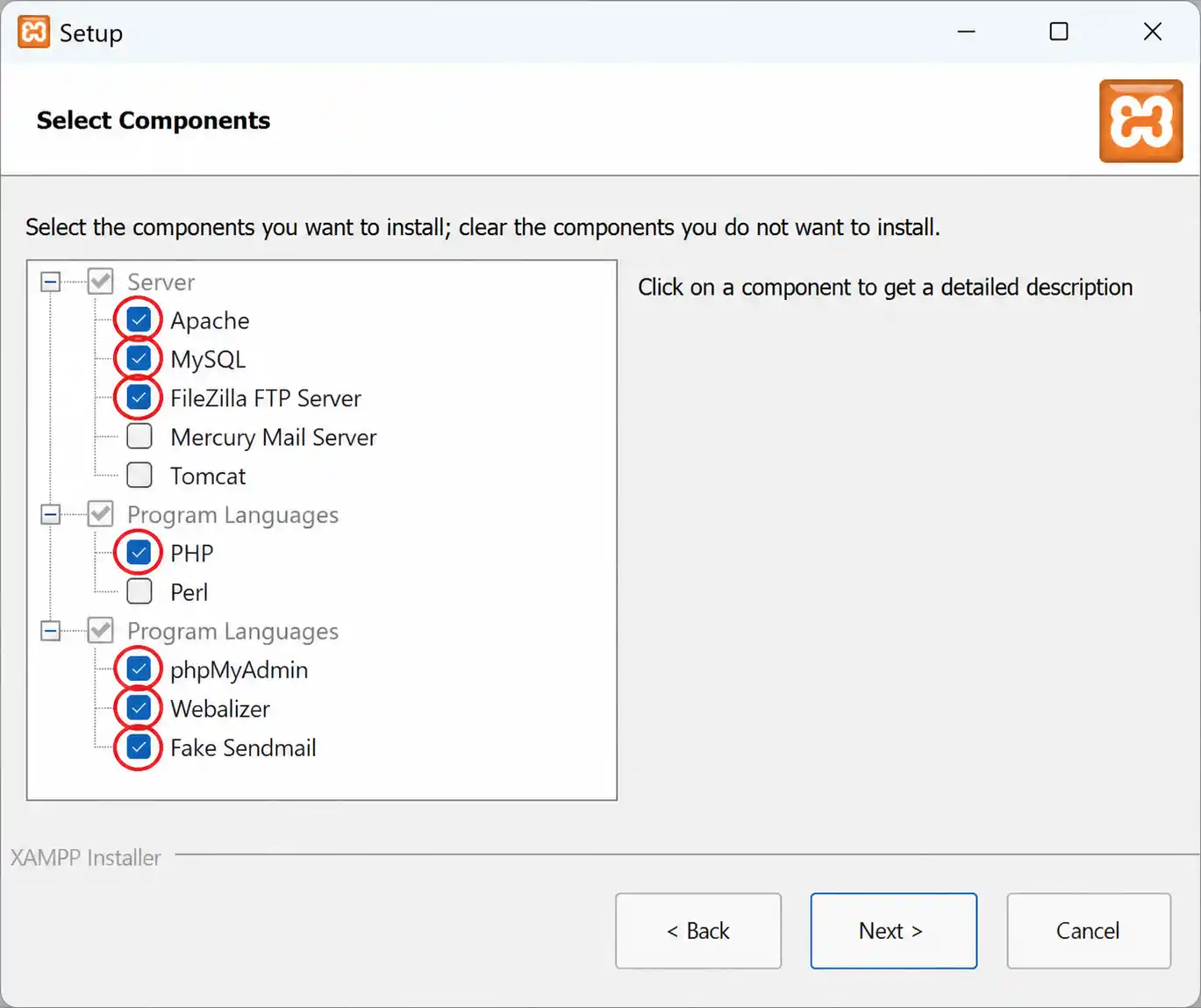 XAMPP installer Select Components