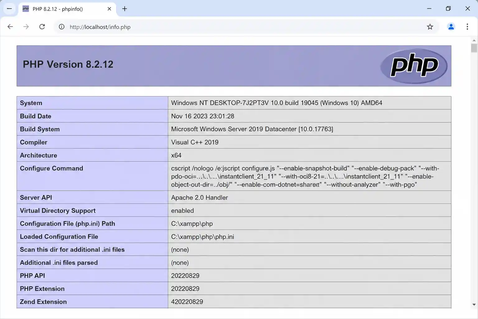 phpinfo output page confirming PHP is running through XAMPP's Apache server