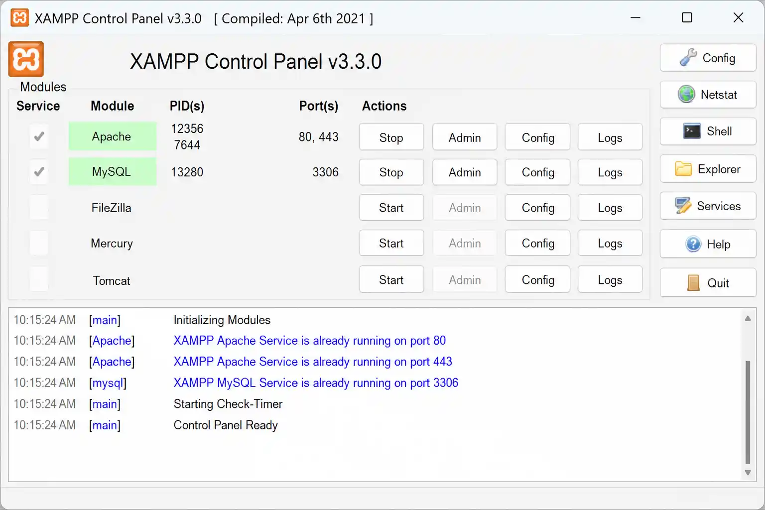 XAMPP Control Panel with Apache and MySQL modules running