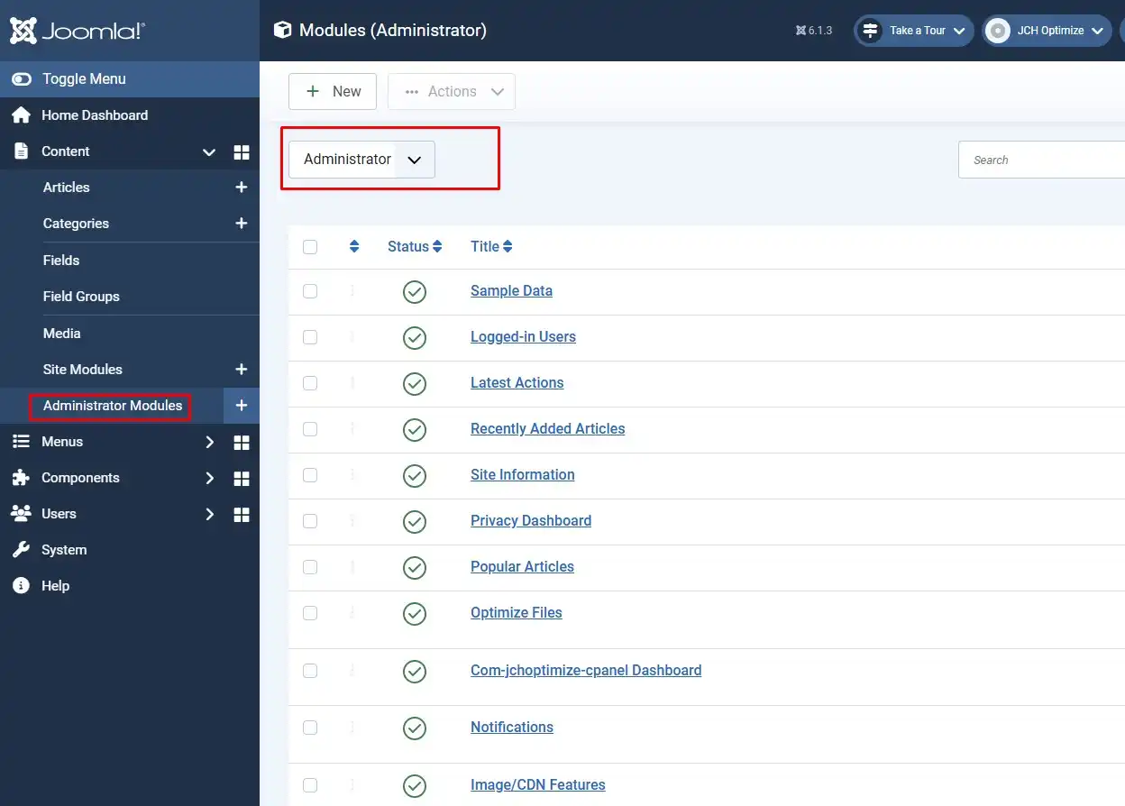 Joomla 6 Modules Manager filtered to Administrator client showing dashboard module list