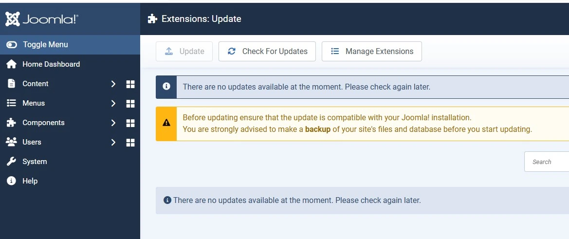 Joomla Extension Manager list showing an extension with an available update