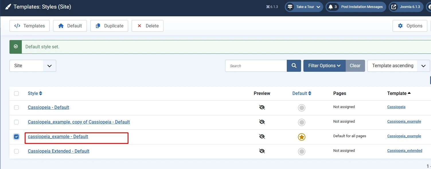Joomla 6 Site Templates list showing a child template set as the default site template