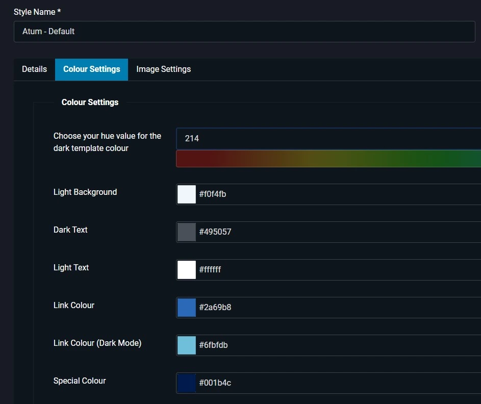 Joomla 6 Atum template Colors tab with background and text color pickers