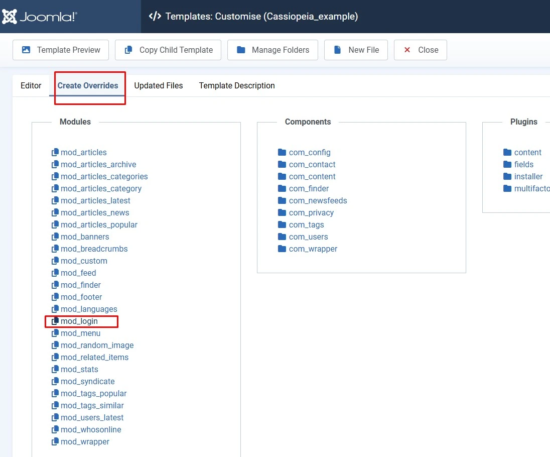 Create Overrides tab in Joomla 6 template editor with the Modules list and mod_login highlighted