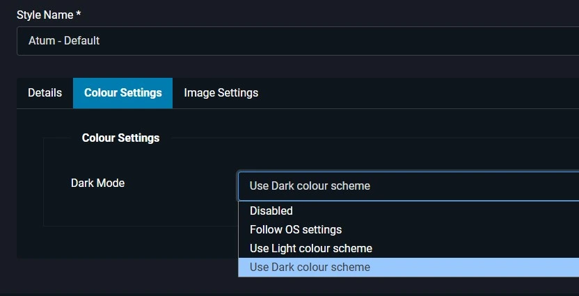 Joomla 6 Atum template style settings showing Dark Mode Support dropdown options