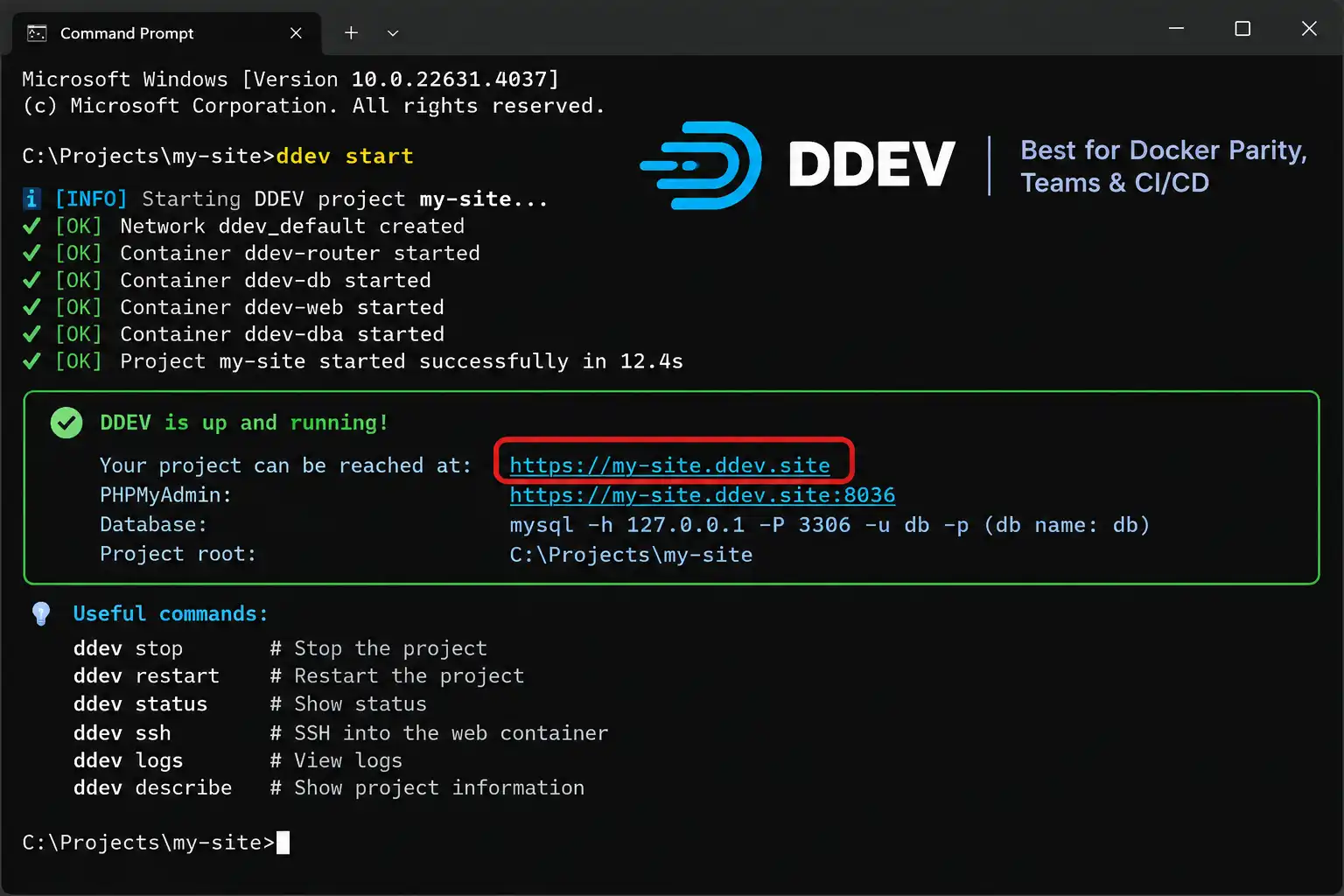 Terminal window showing the ddev start command output with a running local site URL