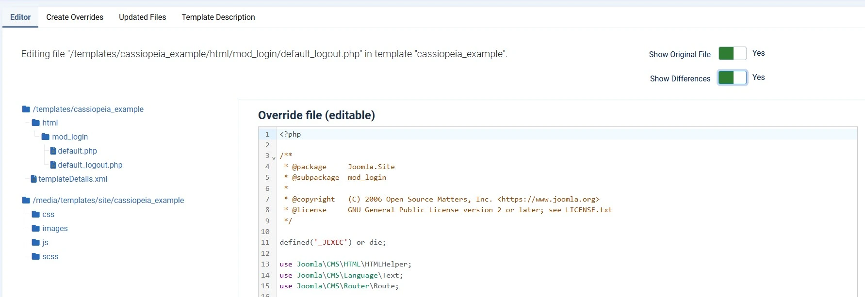  Joomla template file editor showing added PHP lines highlighted in green in default_logout.php