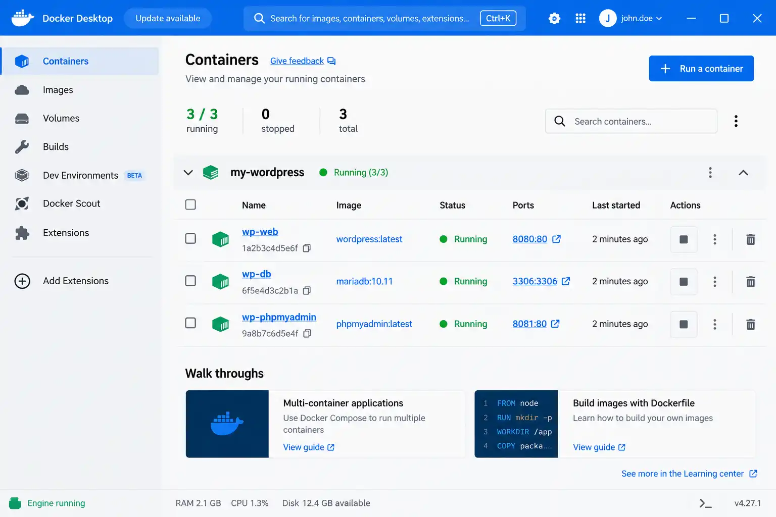 Docker Desktop dashboard showing running containers for a web server, database, and phpMyAdmin