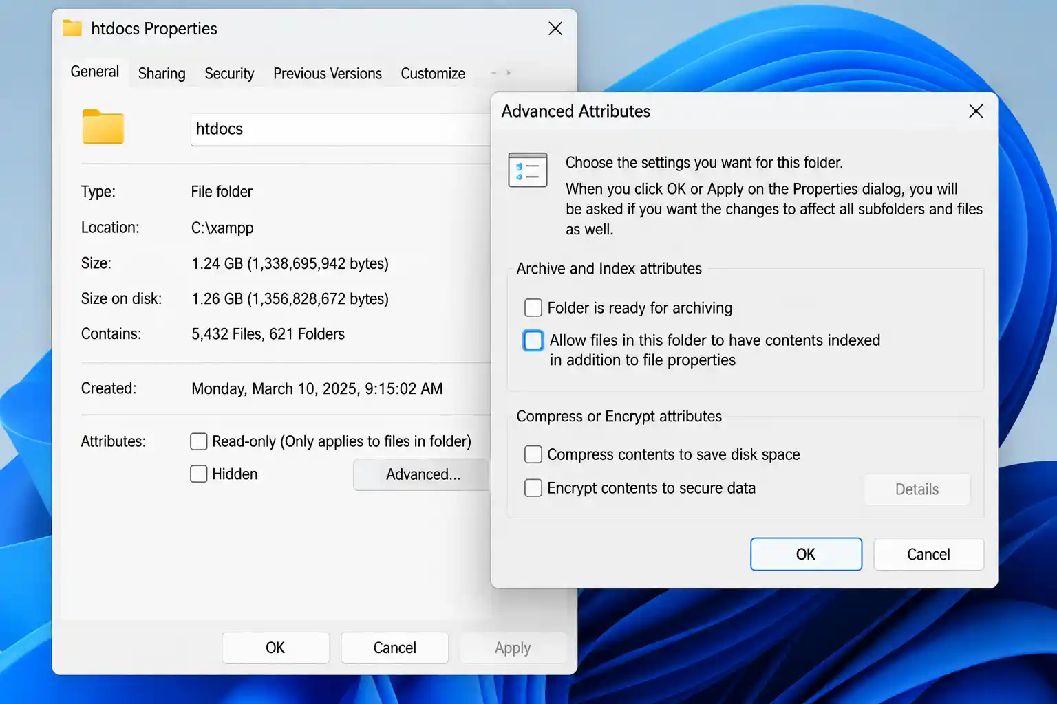 Folder Advanced Attributes dialog with content indexing disabled for the project folder