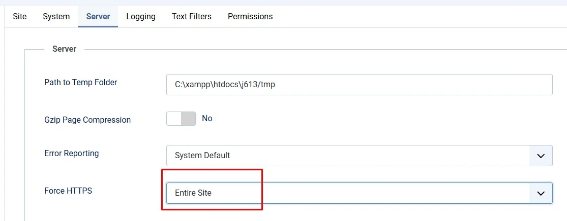 Joomla Global Configuration Server tab showing Force HTTPS set to Entire Site