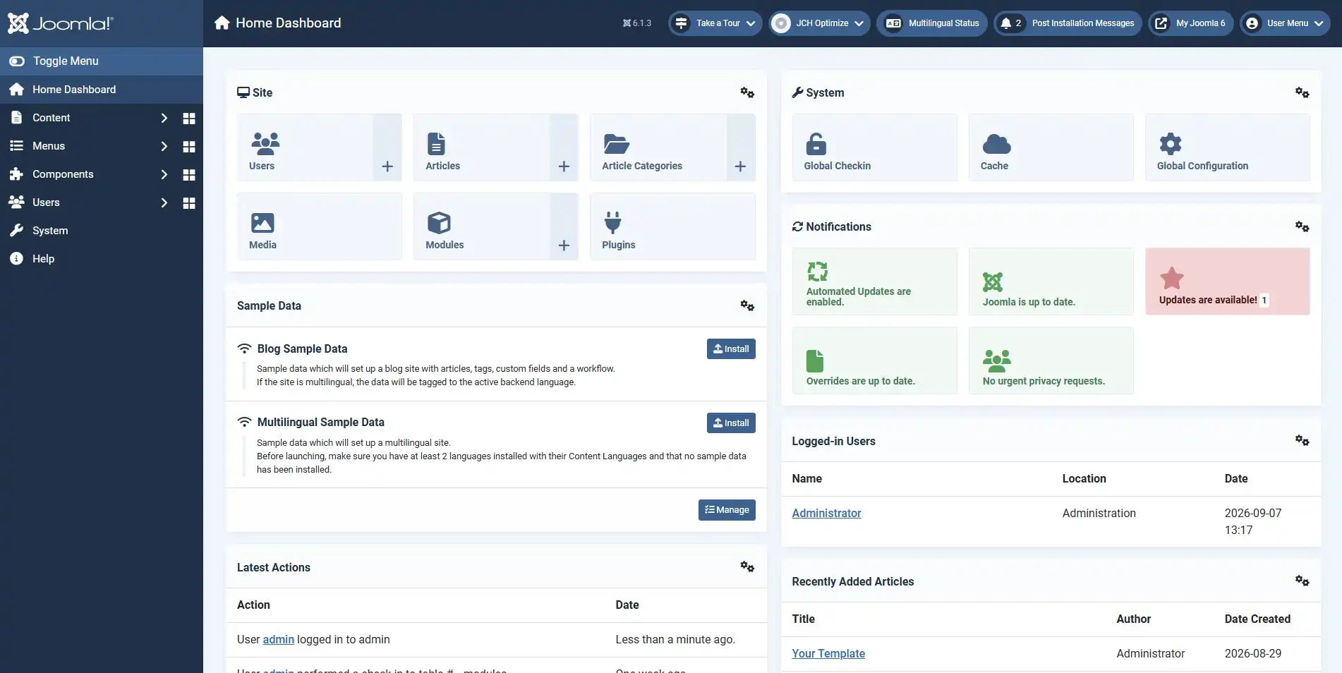 Default Joomla 6 Control Panel dashboard with sidebar and module panels