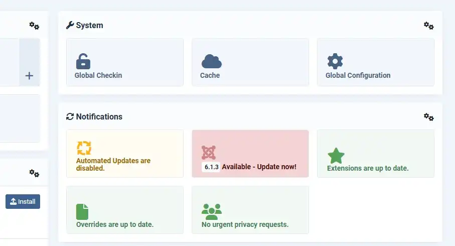Joomla administrator System Dashboard showing update and security status widgets