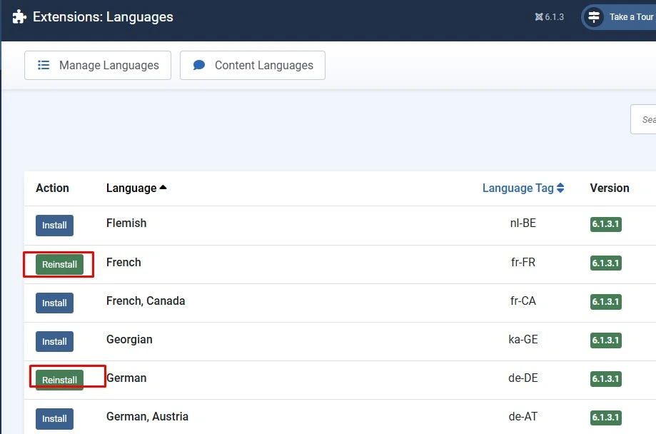 Joomla System Install Languages screen with French and German language packs selected for installation