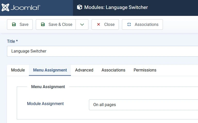 Joomla Language Switcher module configuration showing All languages and On all pages assignment