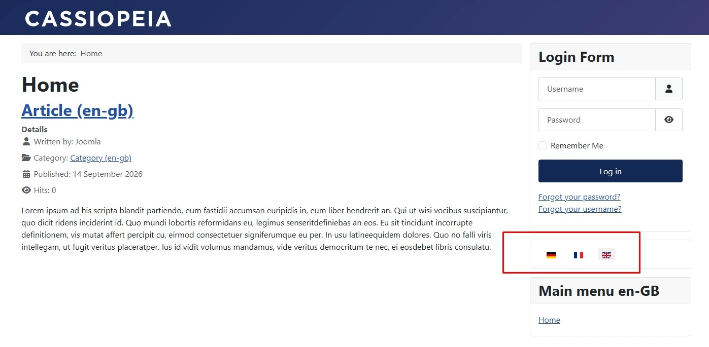 Joomla website homepage displaying a language switcher module with English and French options