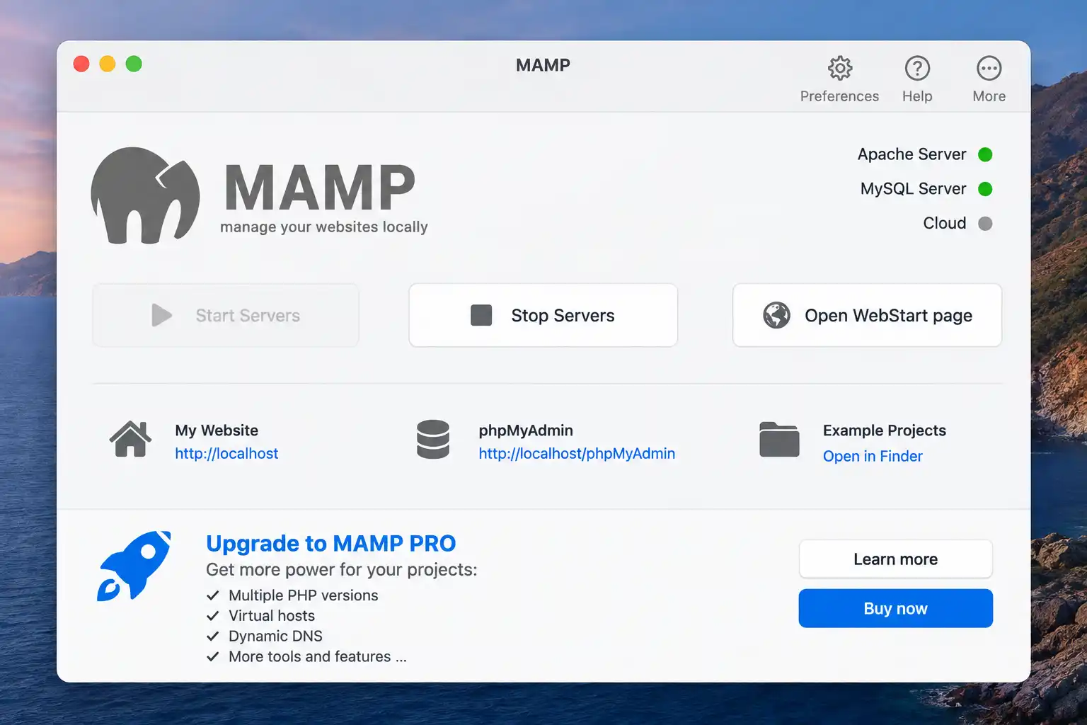 MAMP main window on macOS showing Apache and MySQL servers started with green indicators