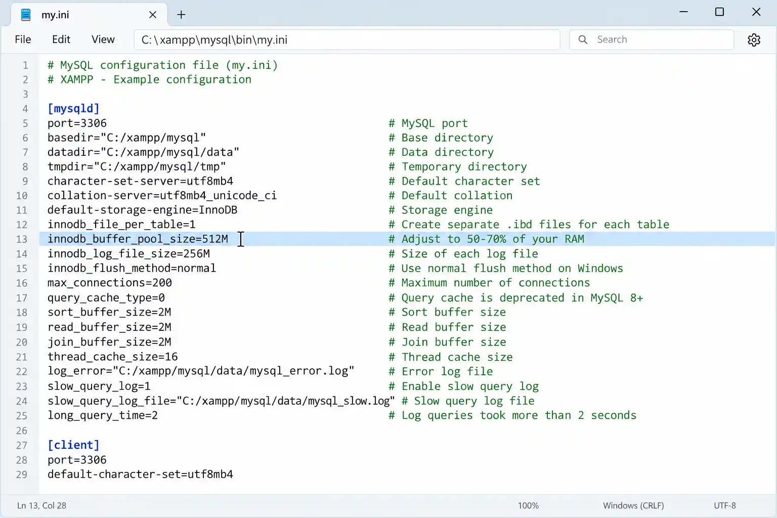 my.ini configuration file with the innodb_buffer_pool_size setting highlighted