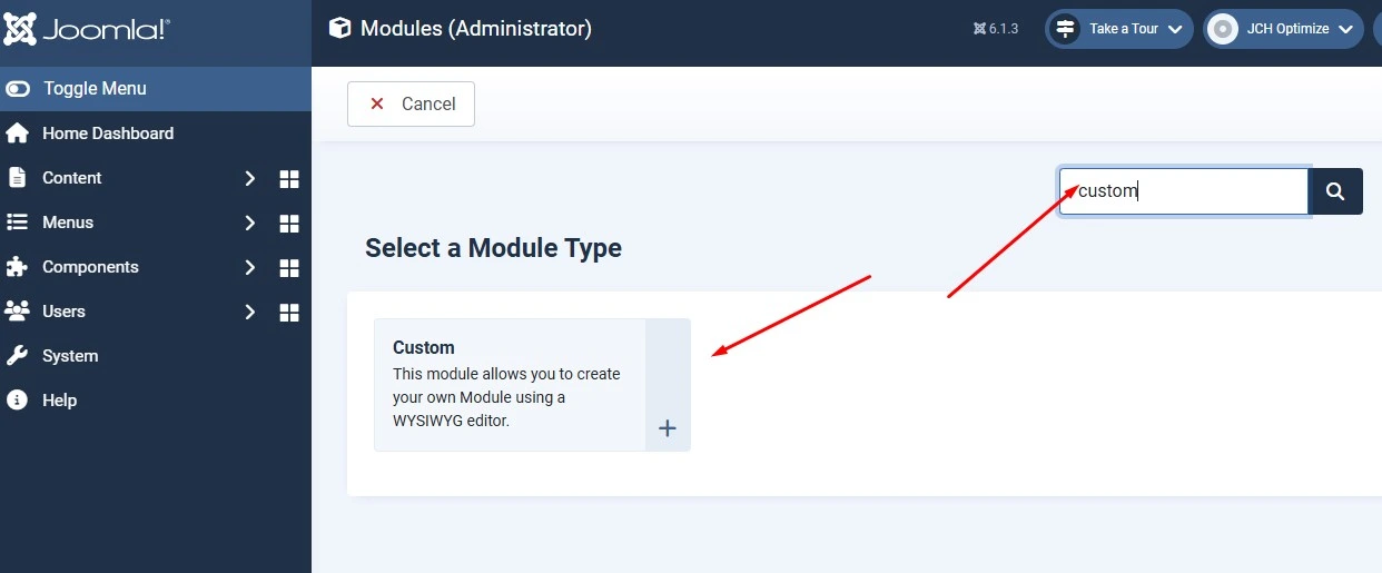 Joomla 6 New Module screen creating a Custom HTML module for the admin dashboard icon position