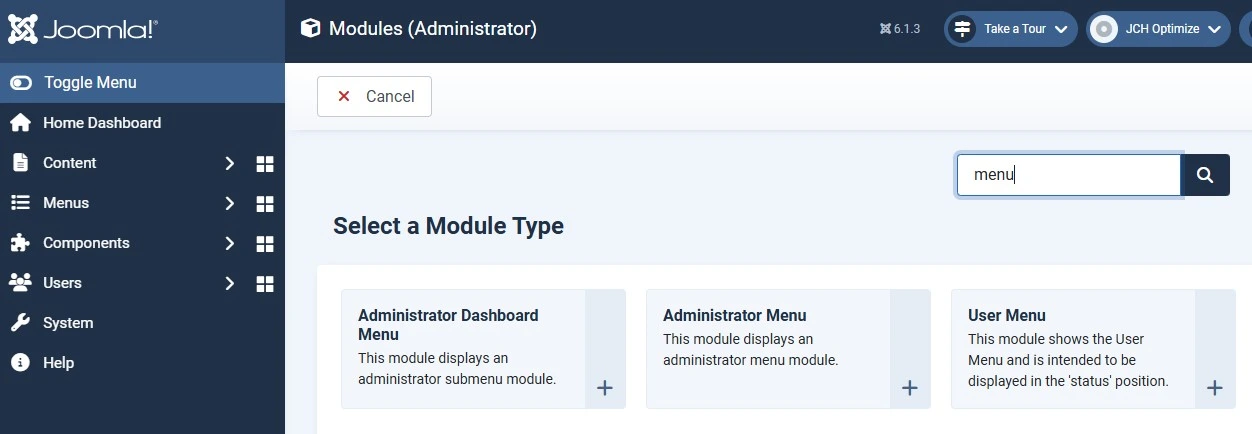 Joomla 6 Menu Manager creating a new Administrator-type menu