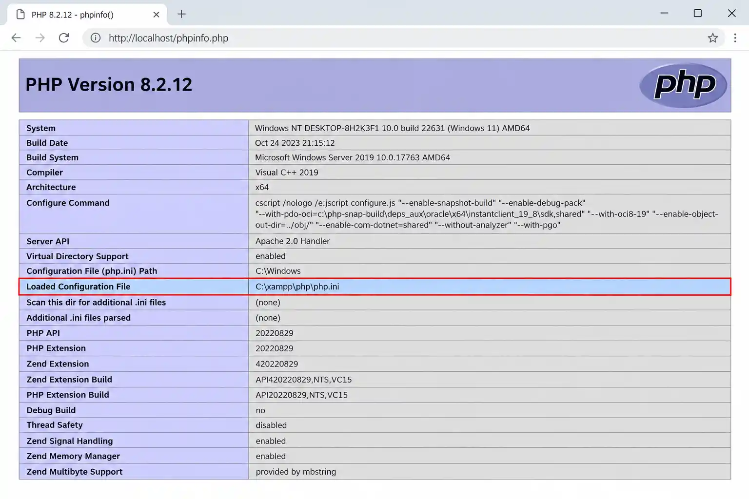 phpinfo output highlighting the Loaded Configuration File path used by Apache