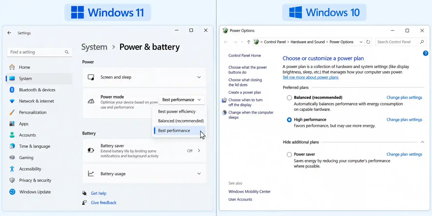 Windows power mode setting changed to Best performance for local development