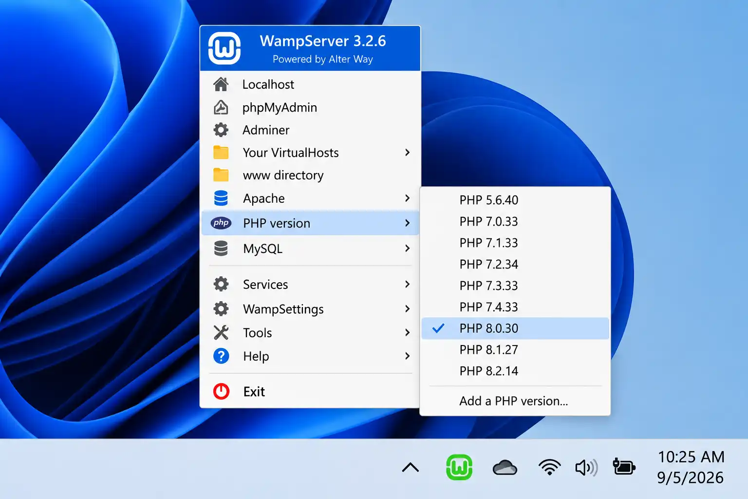 Windows system tray showing the green WampServer icon with the PHP version selection menu open