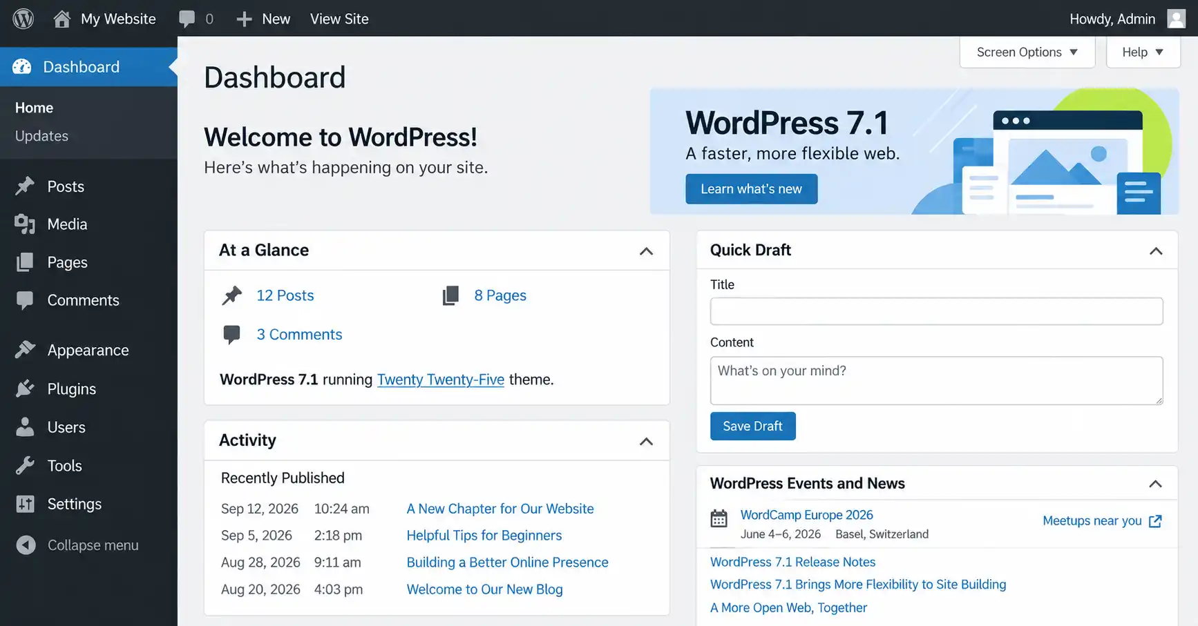 WordPress admin dashboard showing version 7.1 Mary Lou installed