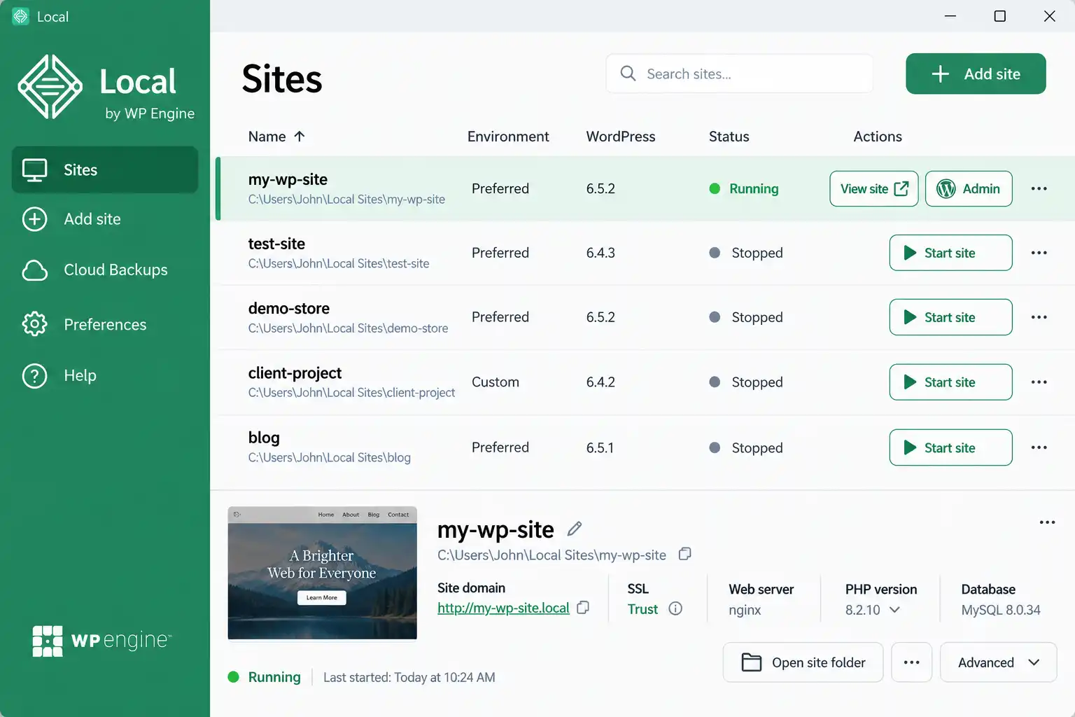 Local by WP Engine site list showing a running WordPress site with view site and admin buttonsL